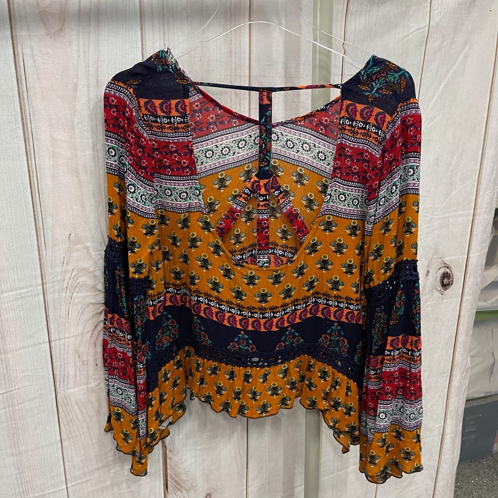 Patrons of Peace Boho Bell Sleeve Open Back Peace Sign Print Blouse Small - Picture 5 of 6